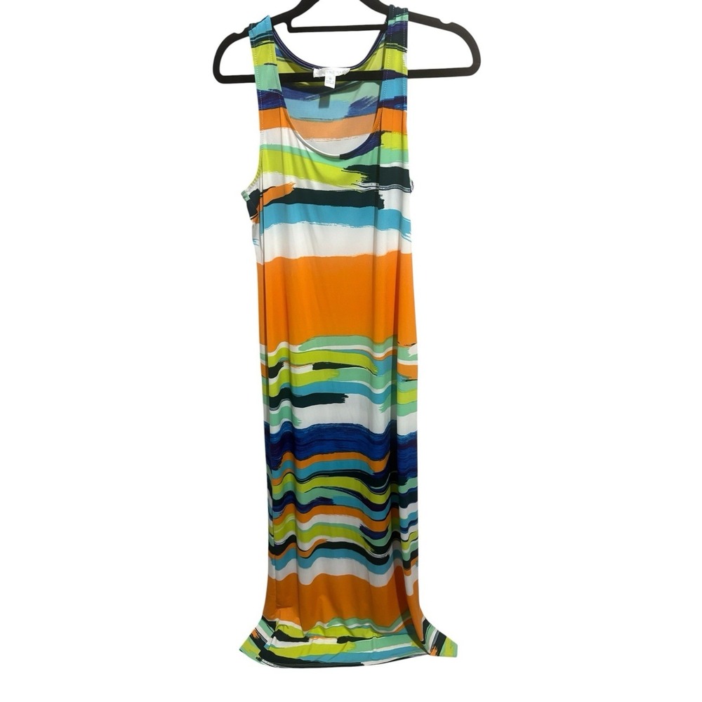 London Times Multicolor Striped Maxi Dress Round Neck Sleeveless Pullover Sz 6